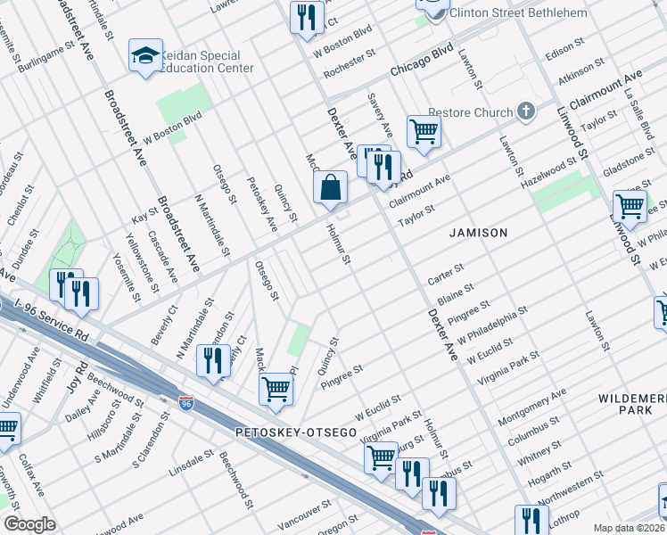 map of restaurants, bars, coffee shops, grocery stores, and more near 4037 Taylor Street in Detroit