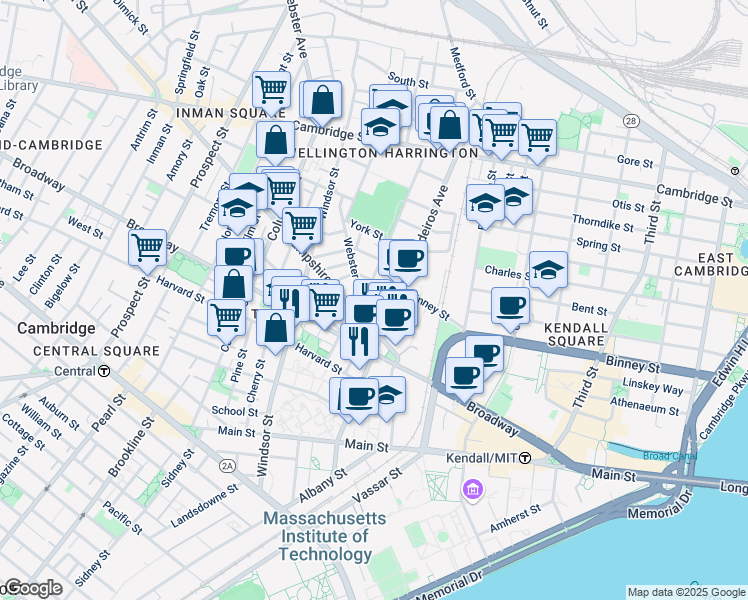 map of restaurants, bars, coffee shops, grocery stores, and more near 33 Webster Avenue in Cambridge