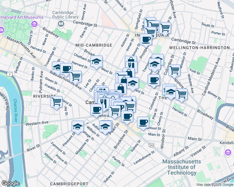 map of restaurants, bars, coffee shops, grocery stores, and more near 6 Saint Paul Street in Cambridge