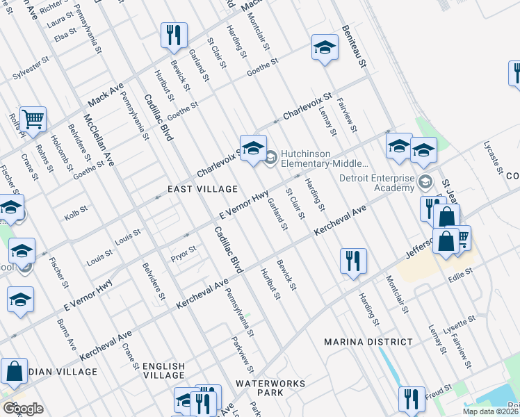 map of restaurants, bars, coffee shops, grocery stores, and more near 2244 Bewick Street in Detroit