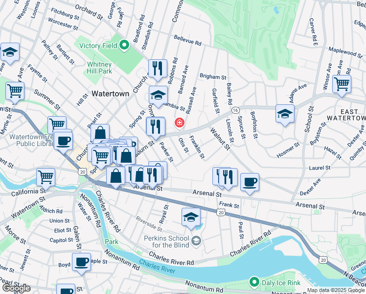 map of restaurants, bars, coffee shops, grocery stores, and more near 25 Otis Street in Watertown