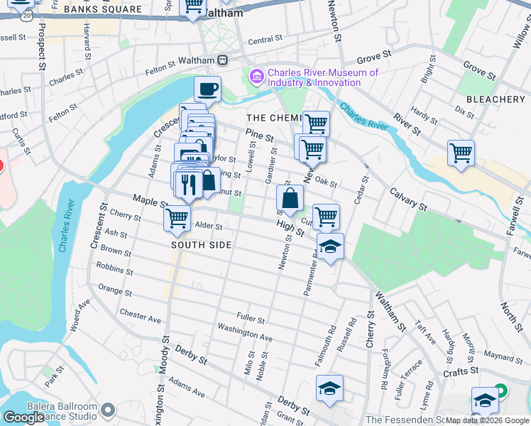 map of restaurants, bars, coffee shops, grocery stores, and more near 88 Gardner Street in Waltham