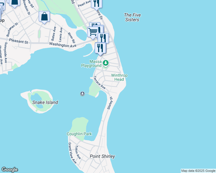 map of restaurants, bars, coffee shops, grocery stores, and more near 41 Harbor View Avenue in Winthrop