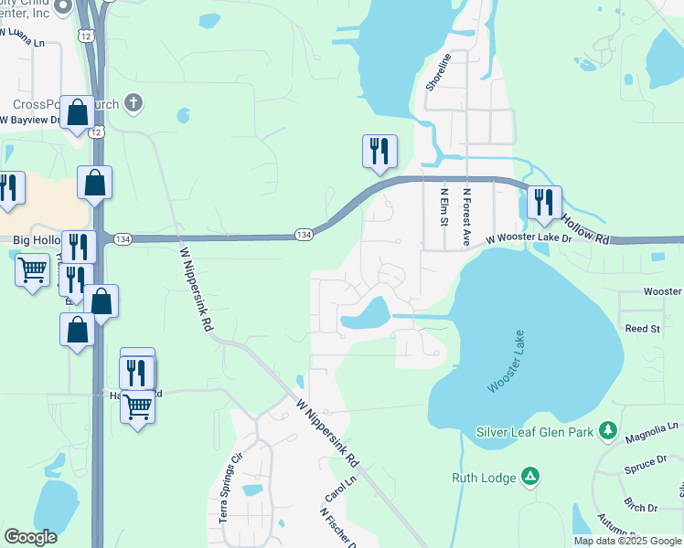 map of restaurants, bars, coffee shops, grocery stores, and more near 580 Blue Springs Drive in Fox Lake