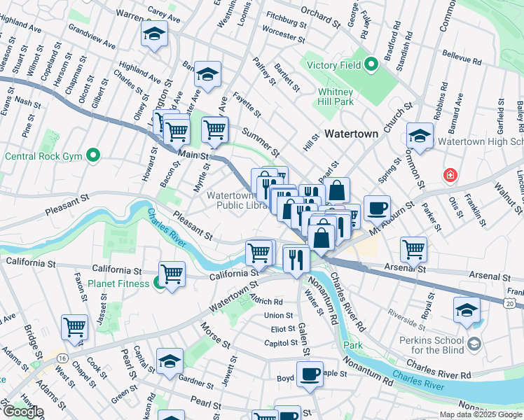map of restaurants, bars, coffee shops, grocery stores, and more near 164 U.S. 20 in Watertown