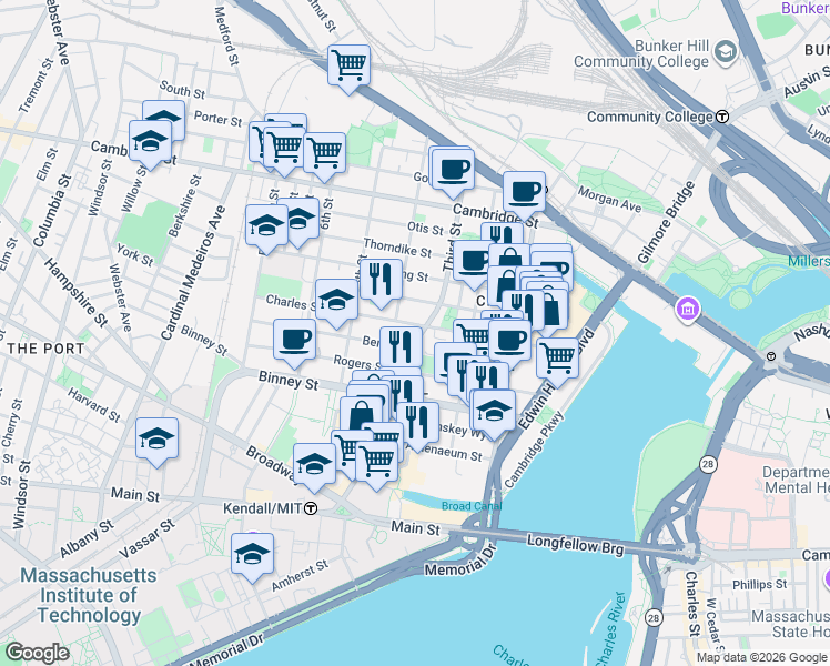map of restaurants, bars, coffee shops, grocery stores, and more near 213 Third Street in Cambridge