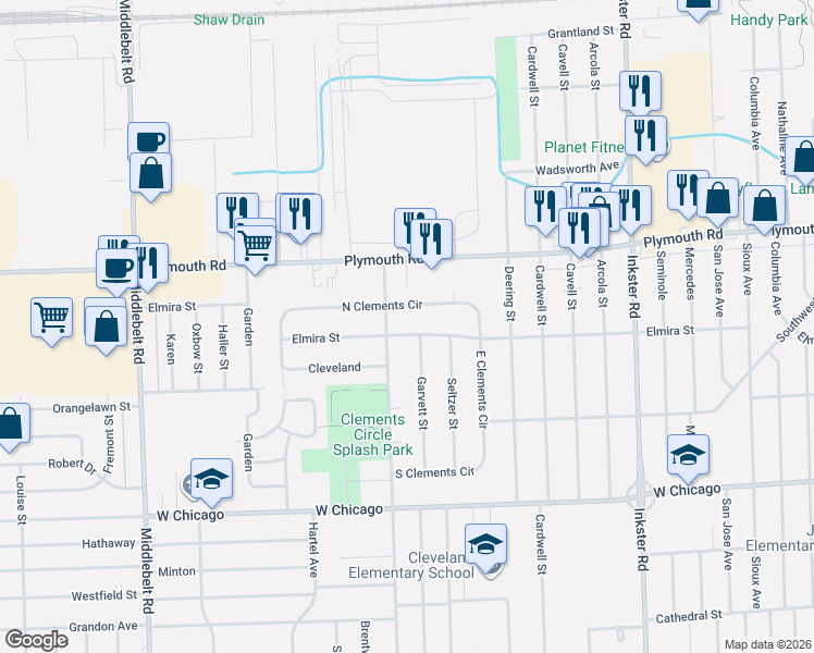 map of restaurants, bars, coffee shops, grocery stores, and more near 28214 Elmira Street in Livonia