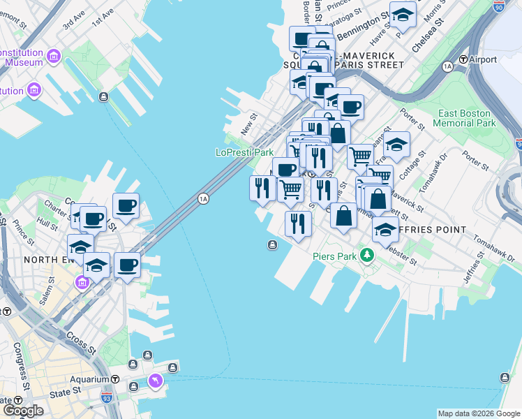 map of restaurants, bars, coffee shops, grocery stores, and more near 65 Lewis Street in Boston