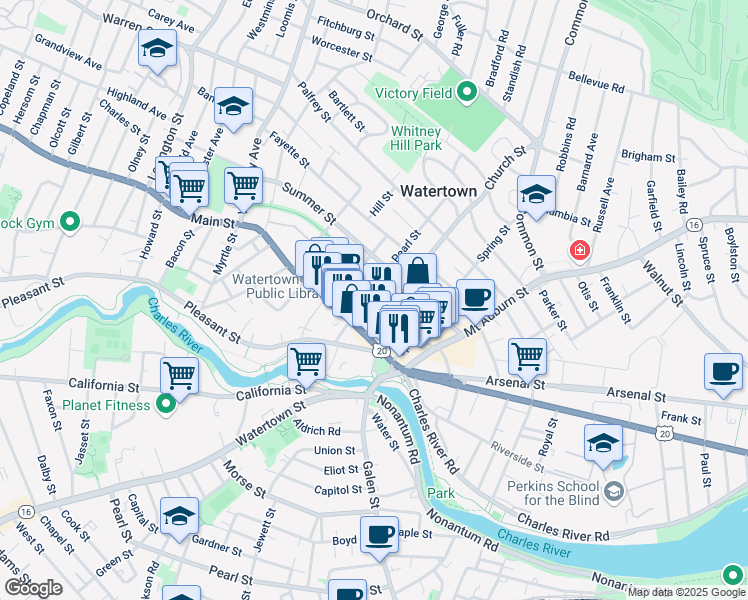 map of restaurants, bars, coffee shops, grocery stores, and more near 10A Winter Street in Watertown