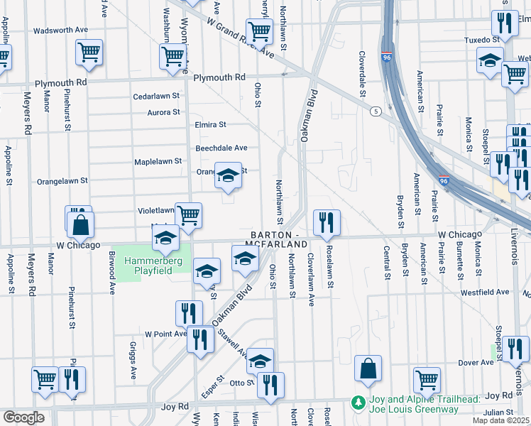 map of restaurants, bars, coffee shops, grocery stores, and more near 9582 Ohio Street in Detroit