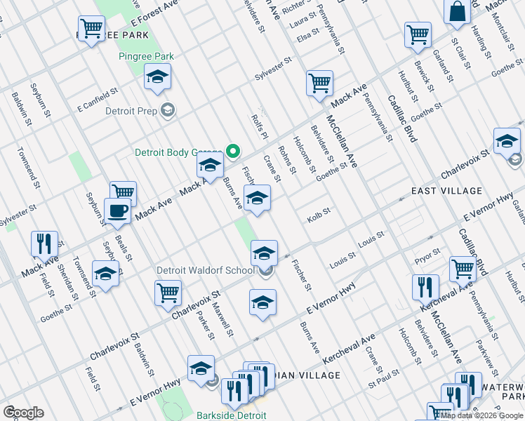 map of restaurants, bars, coffee shops, grocery stores, and more near 8650 Goethe Street in Detroit
