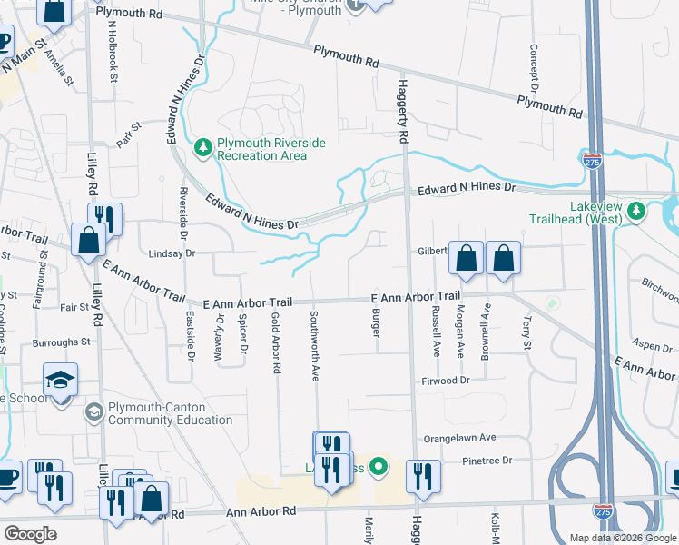 map of restaurants, bars, coffee shops, grocery stores, and more near 11667 Sycamore Road in Plymouth