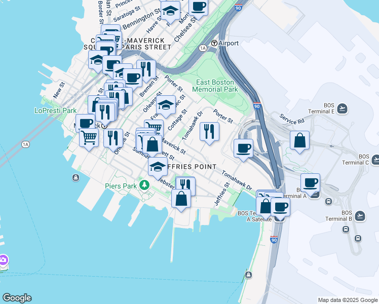 map of restaurants, bars, coffee shops, grocery stores, and more near 296 Maverick Street in Boston