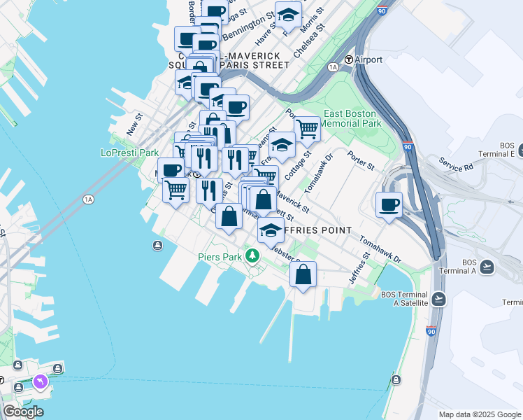 map of restaurants, bars, coffee shops, grocery stores, and more near 68 Cottage Street in Boston