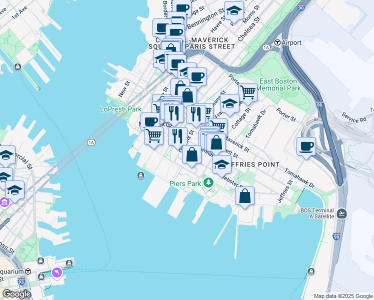 map of restaurants, bars, coffee shops, grocery stores, and more near 30 Orleans Street in Boston