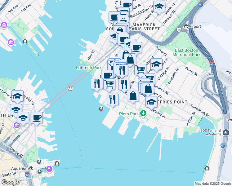 map of restaurants, bars, coffee shops, grocery stores, and more near 20 Marginal Street in Boston