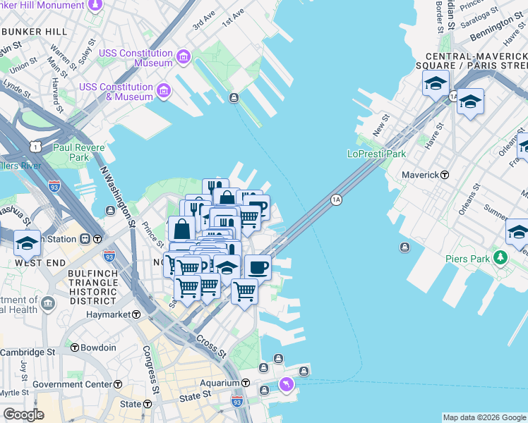 map of restaurants, bars, coffee shops, grocery stores, and more near 40 Battery Wharf in Boston