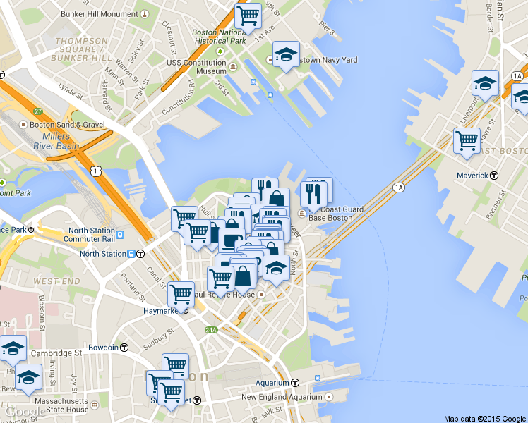map of restaurants, bars, coffee shops, grocery stores, and more near in Boston