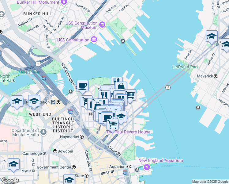 map of restaurants, bars, coffee shops, grocery stores, and more near in Boston