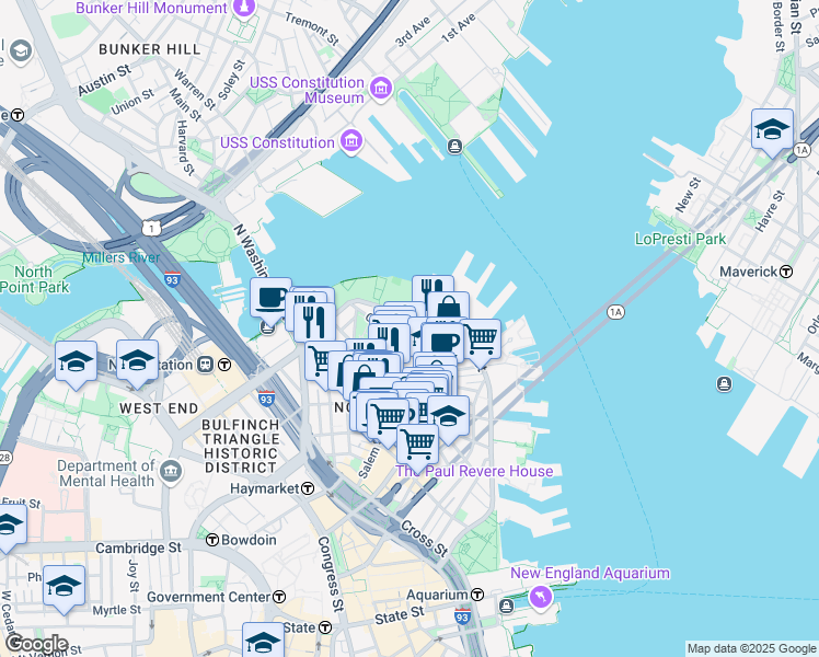 map of restaurants, bars, coffee shops, grocery stores, and more near in Boston