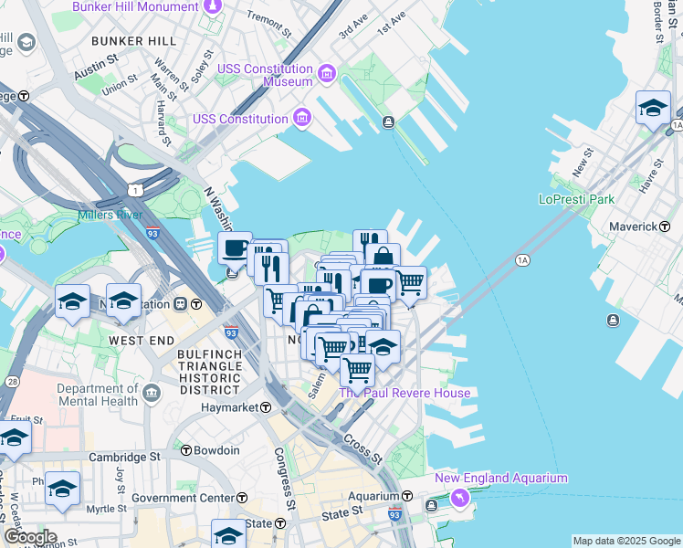 map of restaurants, bars, coffee shops, grocery stores, and more near 501 Commercial Street in Boston