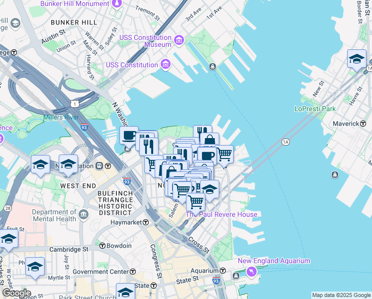 map of restaurants, bars, coffee shops, grocery stores, and more near in Boston