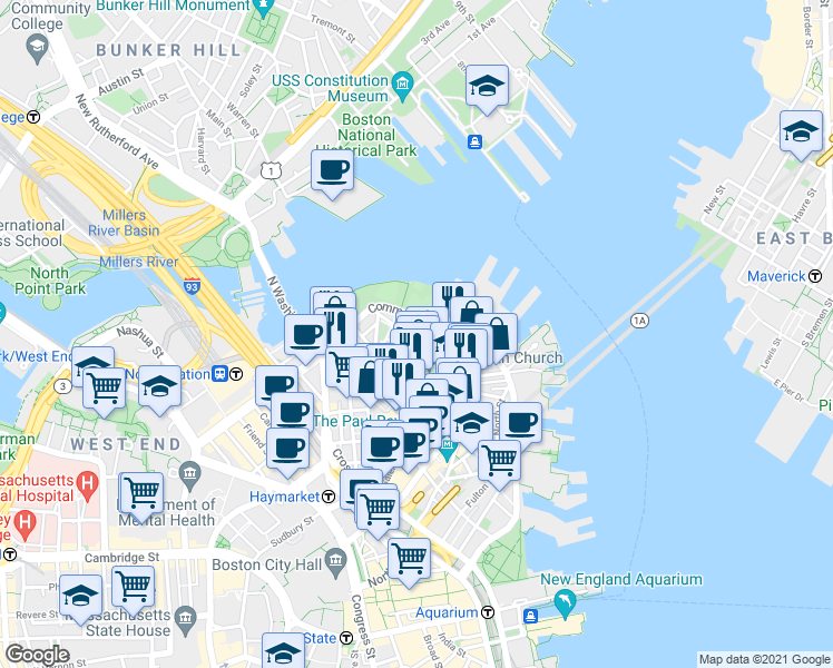 map of restaurants, bars, coffee shops, grocery stores, and more near 501 Commercial Street in Boston