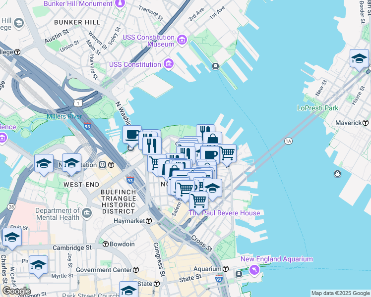 map of restaurants, bars, coffee shops, grocery stores, and more near in Boston