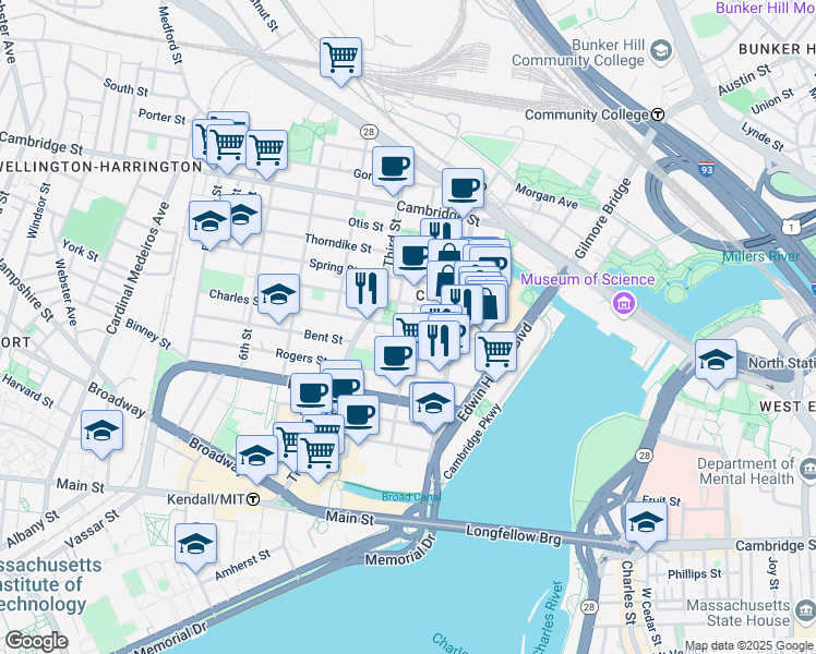 map of restaurants, bars, coffee shops, grocery stores, and more near 110 Second Street in Cambridge