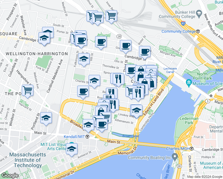 map of restaurants, bars, coffee shops, grocery stores, and more near 126-132 Charles Street in Cambridge