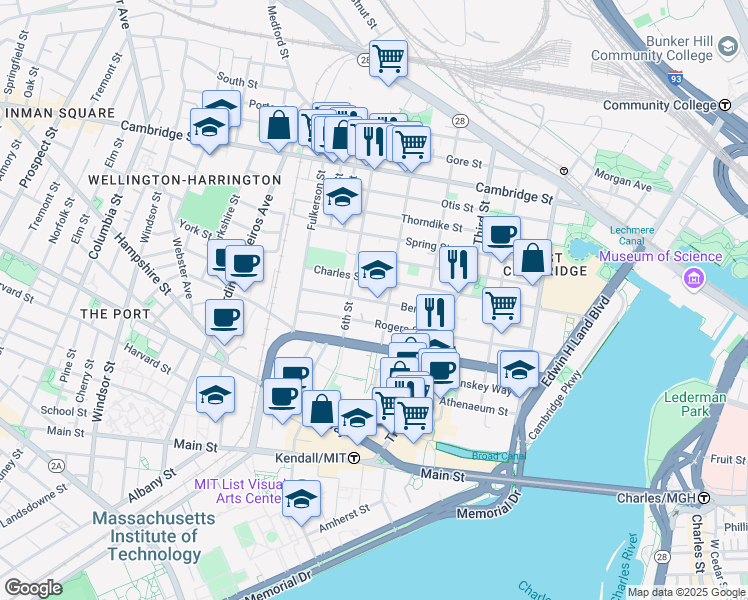 map of restaurants, bars, coffee shops, grocery stores, and more near 254 Bent Street in Cambridge