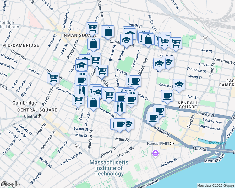 map of restaurants, bars, coffee shops, grocery stores, and more near 33 Webster Avenue in Cambridge