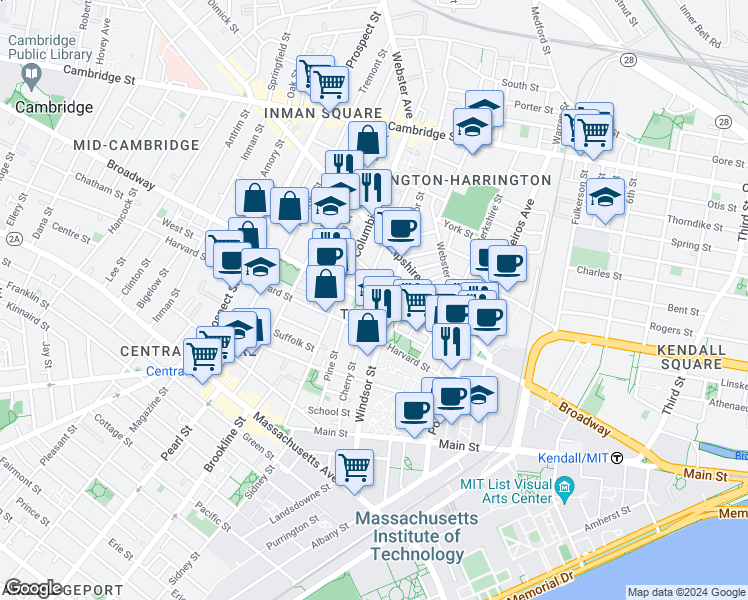 map of restaurants, bars, coffee shops, grocery stores, and more near in Cambridge
