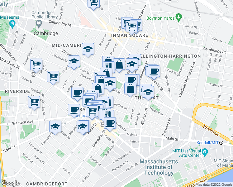 map of restaurants, bars, coffee shops, grocery stores, and more near 135 Norfolk Street in Cambridge