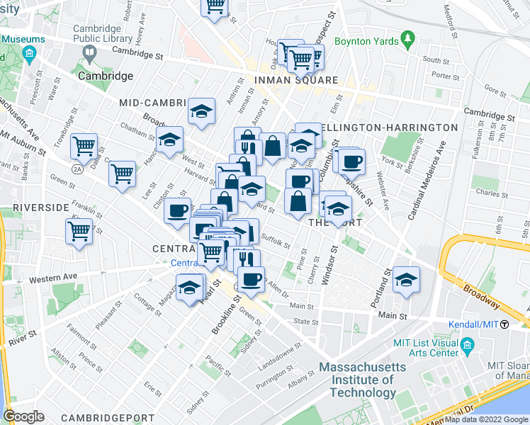 map of restaurants, bars, coffee shops, grocery stores, and more near 135 Norfolk Street in Cambridge