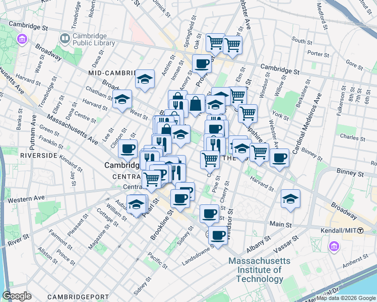 map of restaurants, bars, coffee shops, grocery stores, and more near 135 Norfolk Street in Cambridge