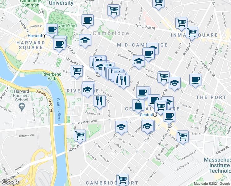 map of restaurants, bars, coffee shops, grocery stores, and more near 512 Green Street in Cambridge