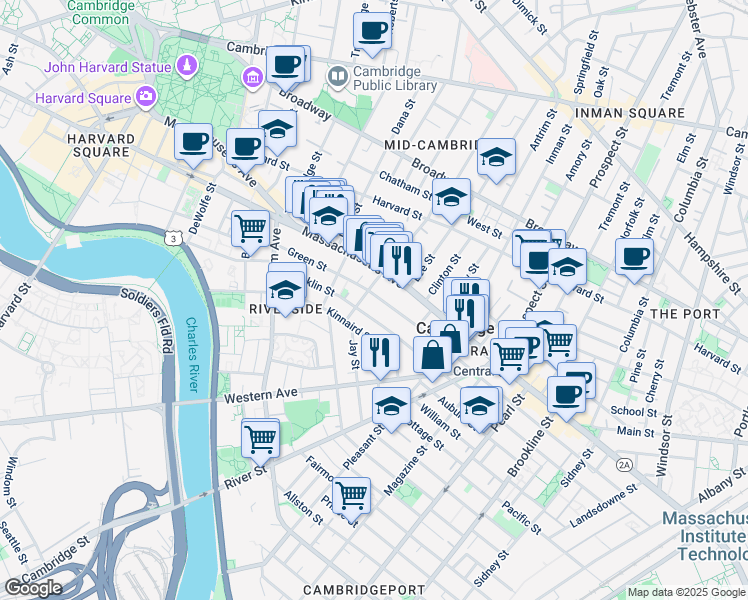 map of restaurants, bars, coffee shops, grocery stores, and more near 512 Green Street in Cambridge