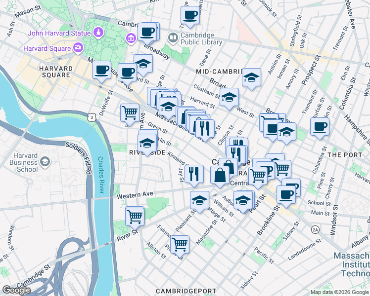 map of restaurants, bars, coffee shops, grocery stores, and more near 512 Green Street in Cambridge