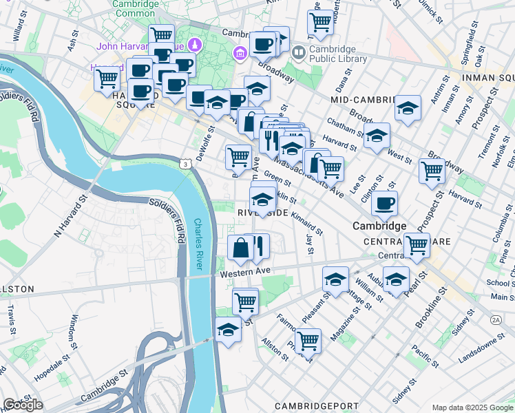 map of restaurants, bars, coffee shops, grocery stores, and more near 81 Putnam Avenue in Cambridge