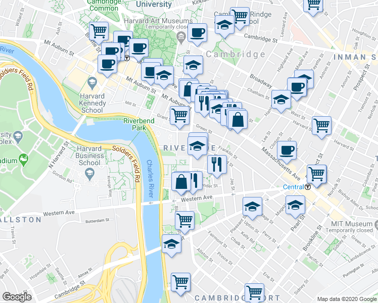 map of restaurants, bars, coffee shops, grocery stores, and more near 81 Putnam Avenue in Cambridge