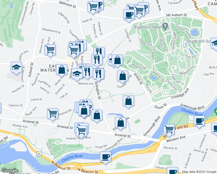 map of restaurants, bars, coffee shops, grocery stores, and more near 29 Coolidge Hill Road in Watertown
