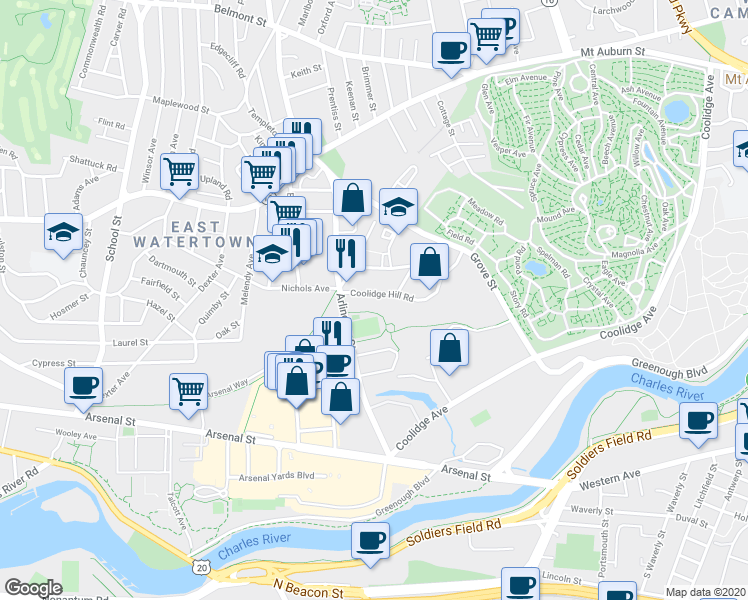 map of restaurants, bars, coffee shops, grocery stores, and more near 29 Coolidge Hill Road in Watertown