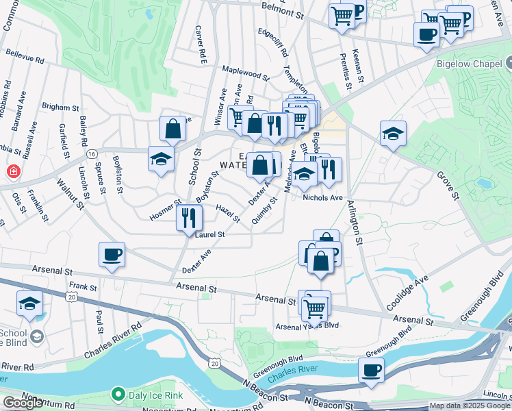 map of restaurants, bars, coffee shops, grocery stores, and more near 78 Dexter Avenue in Watertown