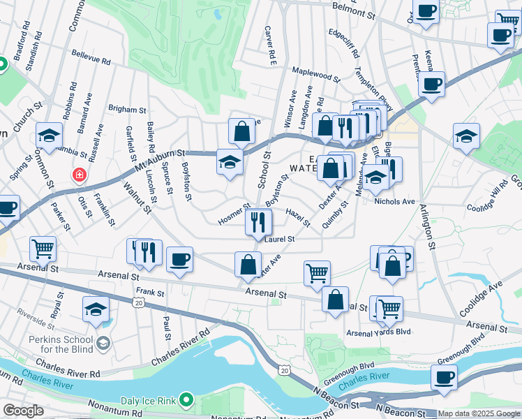 map of restaurants, bars, coffee shops, grocery stores, and more near 153 Boylston Street in Watertown