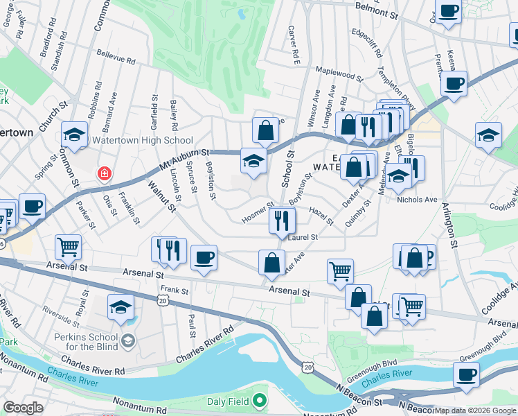 map of restaurants, bars, coffee shops, grocery stores, and more near 21 Hosmer Street in Watertown