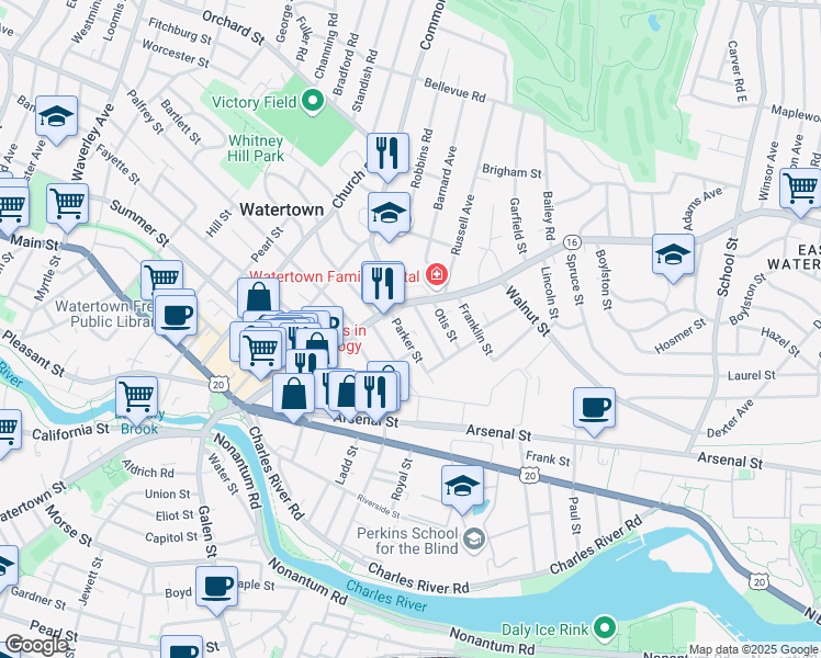 map of restaurants, bars, coffee shops, grocery stores, and more near 16 Parker Street in Watertown