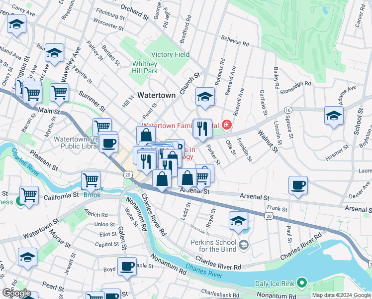 map of restaurants, bars, coffee shops, grocery stores, and more near 92 Mount Auburn Street in Watertown
