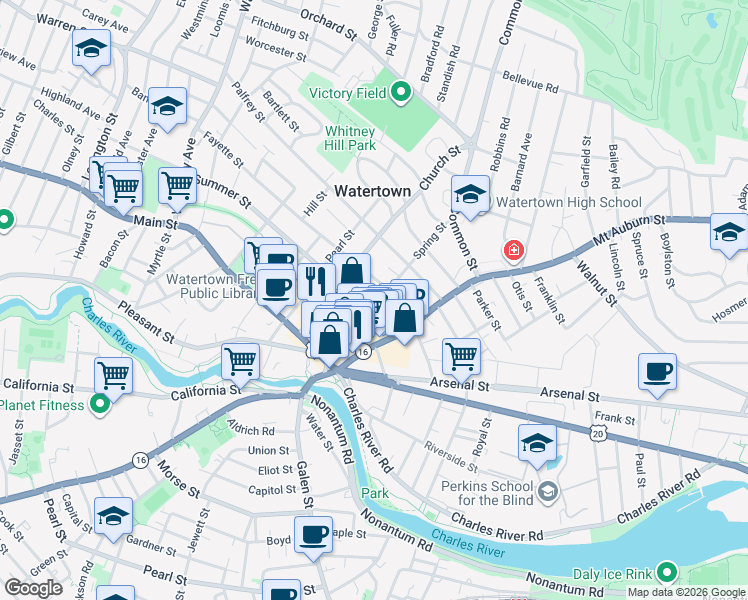 map of restaurants, bars, coffee shops, grocery stores, and more near 73 Spring Street in Watertown