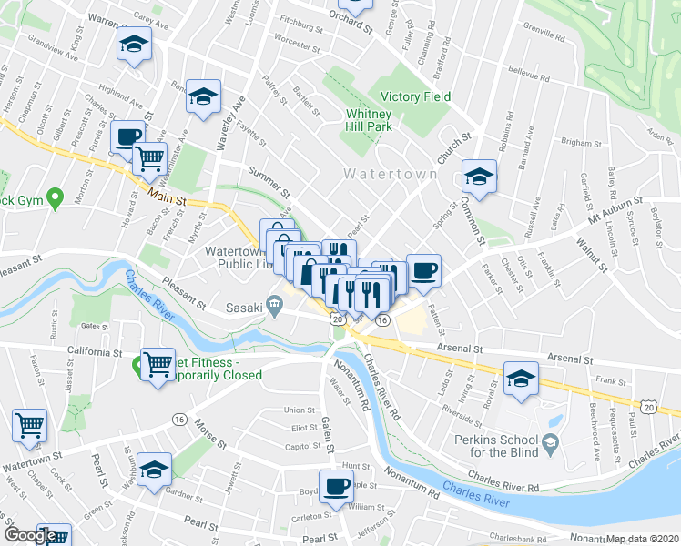 map of restaurants, bars, coffee shops, grocery stores, and more near 10A Winter Street in Watertown